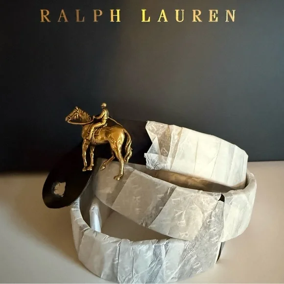 Polo Ralph Lauren Navy Suede Equestrian Belt Gold Horse Buckle Italy Sz 38 - Picture 8 of 17
